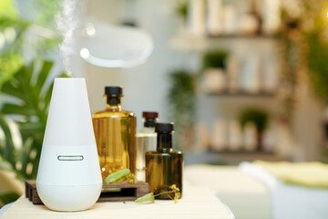 aroma lamp and essential oils in modern beauty studio