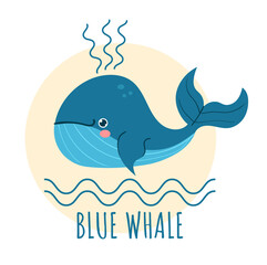 Cartoon flat blue whale logo vector illustration