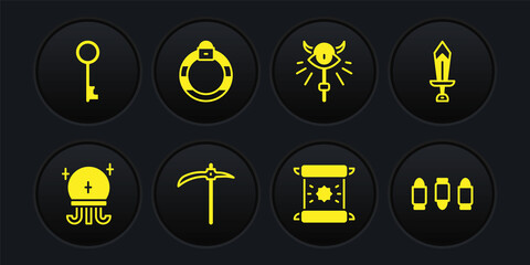 Set Magic ball, Sword for game, Pickaxe, Decree, parchment, scroll, staff, stone ring, Bullet and Old key icon. Vector