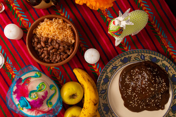 Top view of a traditional Mexican Day of the Dead offering.