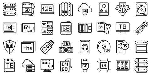 Gigabyte icons set outline vector. Big data. Communication terabyte