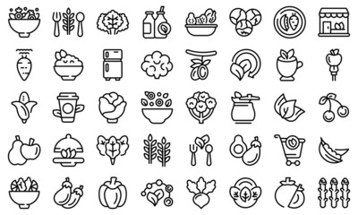 Vegetarianism icons set outline vector. Vegan fruit. Diet broccoli