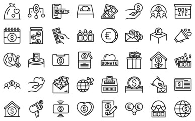 Fundraising icons set outline vector. Contribute donate. Charitable give - obrazy, fototapety, plakaty