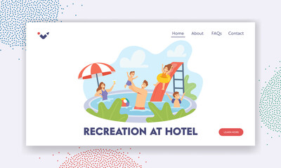 Recreation at Hotel Landing Page Template. Happy Family Characters Having Rest in Swimming Pool. Enjoy Resort Vacation