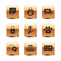 Set Envelope with heart, Dialogue doctor, Donation and charity, Give gift, Taking care of children, Humanitarian truck, Bank check and Heart animals footprint icon. Vector