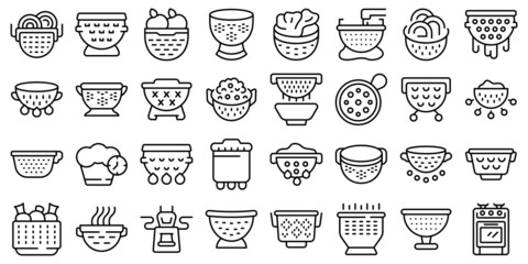 Colander icons set outline vector. Cook strainer. Food accessory