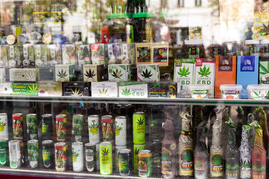 Prague, Czech - October 13, 2019: Cannabis Products In Shop Window