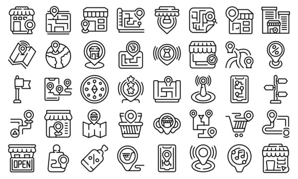 Store locator icons set outline vector. Travel area. Market map