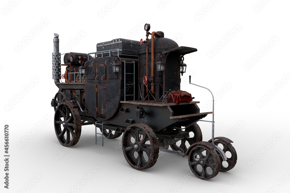 Aufkleber 3D rendering of a Steampunk style steam powered carriage with luggage on top isolated on a white background.