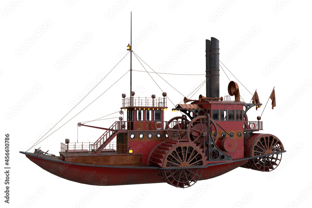 Poster 3d rendering of a steampunk styled paddle steamer boat isolated on a white background.