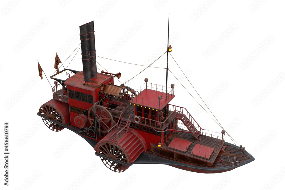 Poster 3D rendering of a Steampunk styled paddle steamer boat viewed from above isolated on a white background.