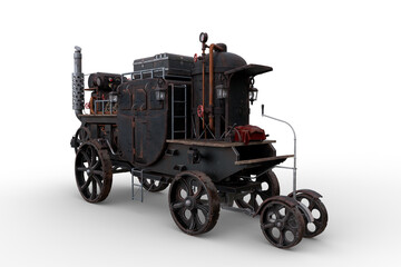 3D rendering of a Steampunk style steam powered carriage with luggage on top isolated on a white background.