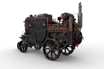 Plakat Rear perspective 3D rendering of a Steampunk style steam powered carriage with luggage on top isolated on a white background.