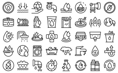 Save water icons set outline vector. Drink drop. Fountain fresh