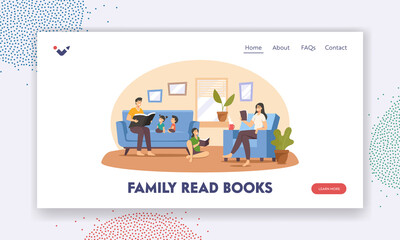 Happy Family Reading at Home Landing Page Template. Father, Mother and Children Characters Sitting on Couch with Books