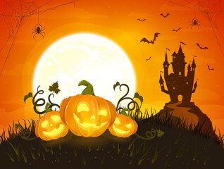 Three Happy Pumpkins on Orange Halloween Background