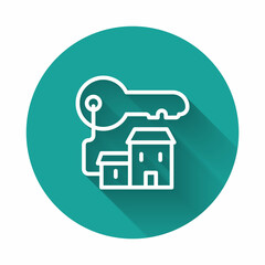 White line Winning house with key icon isolated with long shadow background. Green circle button. Vector