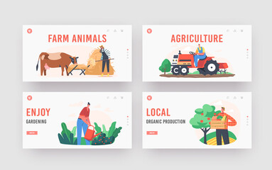 Fototapeta premium Farmers Doing Farming Job Landing Page Template Set. People Feed Cow and Fowl, Care of Domestic Animals at Livestock