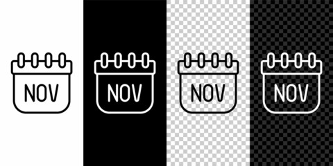 Set line November calendar autumn icon isolated on black and white, transparent background. Vector