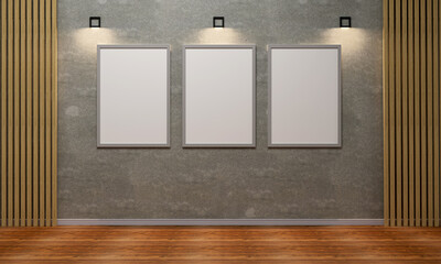 empty room with concrete wall and mockup frames, 3d rendering