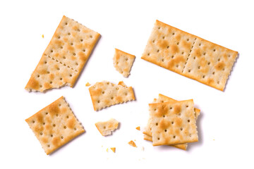 top view whole and broken crackers isolated on white background