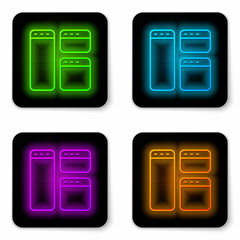 Glowing neon line Browser window icon isolated on white background. Black square button. Vector