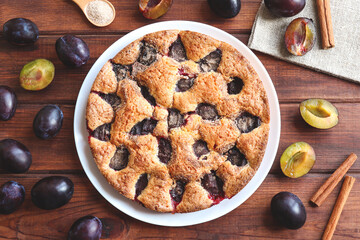 Traditional seasonal plum cake. Original recipe from the New York Times. Top view