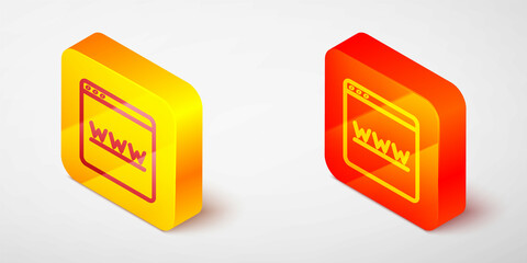 Isometric line Browser window icon isolated on grey background. Yellow and orange square button. Vector