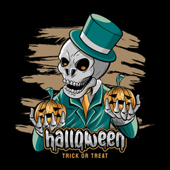 Happy halloween the tuxedo skull with pumpkin