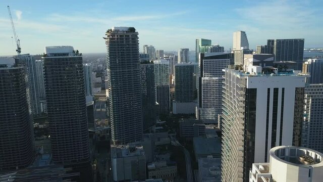 4K Aerial shot through Miami Downtown Brickell city center