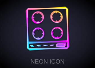 Glowing neon line Gas stove icon isolated on black background. Cooktop sign. Hob with four circle burners. Vector