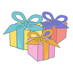 Set of bright holiday gifts in a flat style. Unexpected surprise in colorful boxes. Three gifts for the family. A special holiday - Birthday with a bouquet of gifts. Isolated vector flat design.