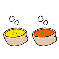 温かいスープのイラスト　ポタージュとミネストローネ