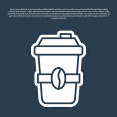 Blue line Coffee cup to go icon isolated on blue background. Vector