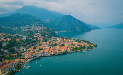Fototapeta na wymiar Aerial view of Menaggio village. Menaggio is a picturesque and traditional village, located on the western shore of Lake Como, Italy