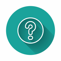 White line Speech bubbles with Question icon isolated with long shadow background. FAQ sign. Chat speech bubble and chart. Green circle button. Vector