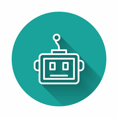 Naklejka premium White line Artificial intelligence robot icon isolated with long shadow background. Machine learning, cloud computing. Green circle button. Vector