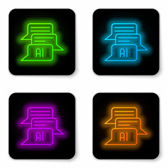 Glowing neon line Chat bot icon isolated on white background. Chatbot icon. Black square button. Vector