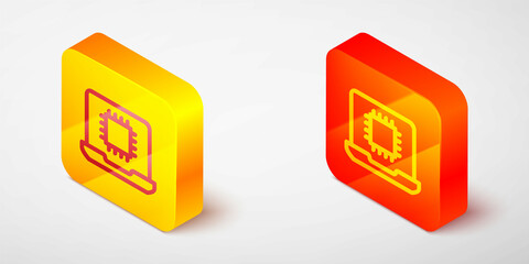 Isometric line Computer processor with microcircuits CPU icon isolated on grey background. Chip or cpu with circuit board. Micro processor. Yellow and orange square button. Vector