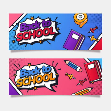 flat back school vector design illustration banners set with photo