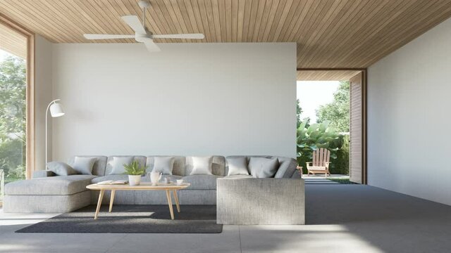 animation of modern contemporary loft living room with open door to garden 3d render The Rooms have concrete tile floors ,wooden plank ceiling,decorate with light gray fabric furniture