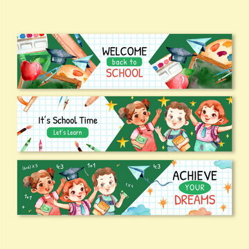 watercolor back school vector design illustration banners set with photo
