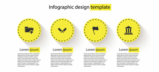 Set Add new folder, Crossed meat chopper, Flag and Bank building. Business infographic template. Vector