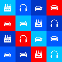 Set Bottles of wine in box, Headphones, Electric car and Car icon. Vector