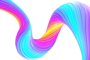 Multicolored abstract twisted brush stroke. Bright curl, artistic spiral. 3D rendering image