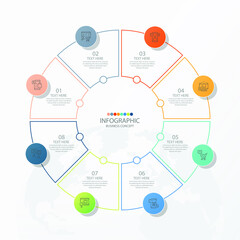 Basic circle infographic template with 8 steps, process or options, process chart, Used for process diagram, presentations, workflow layout, flow chart, infograph. Vector eps10 illustration.