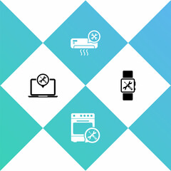 Set Laptop service, Oven, Air conditioner and Smartwatch icon. Vector
