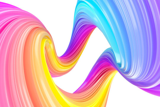 Multicolored abstract twisted brush stroke. Bright curl, artistic spiral. 3D rendering image