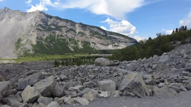 The view of the Frank Slide near Crowsnest Pass, Alberta. The Frank Slide was Canada's deadliest rock slide and now it is a historical site.