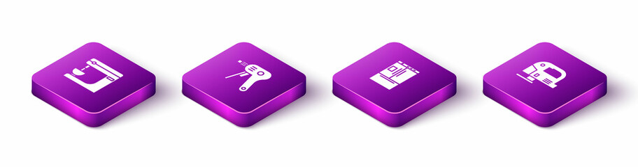 Set Isometric Electric mixer, hot glue gun, Refrigerator and jigsaw icon. Vector